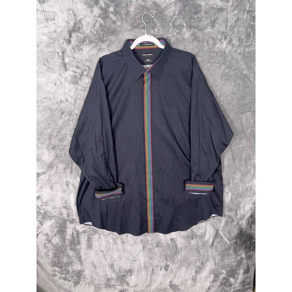 Paul Fredrick Navy Rainbow Stripe Trim Non-Iron Stretch Dress Shirt 19 x 35